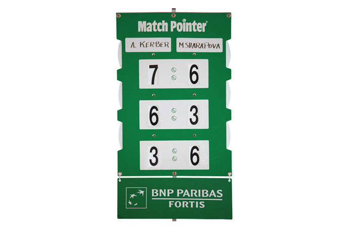 tennis scoreboard with name plates and ad board